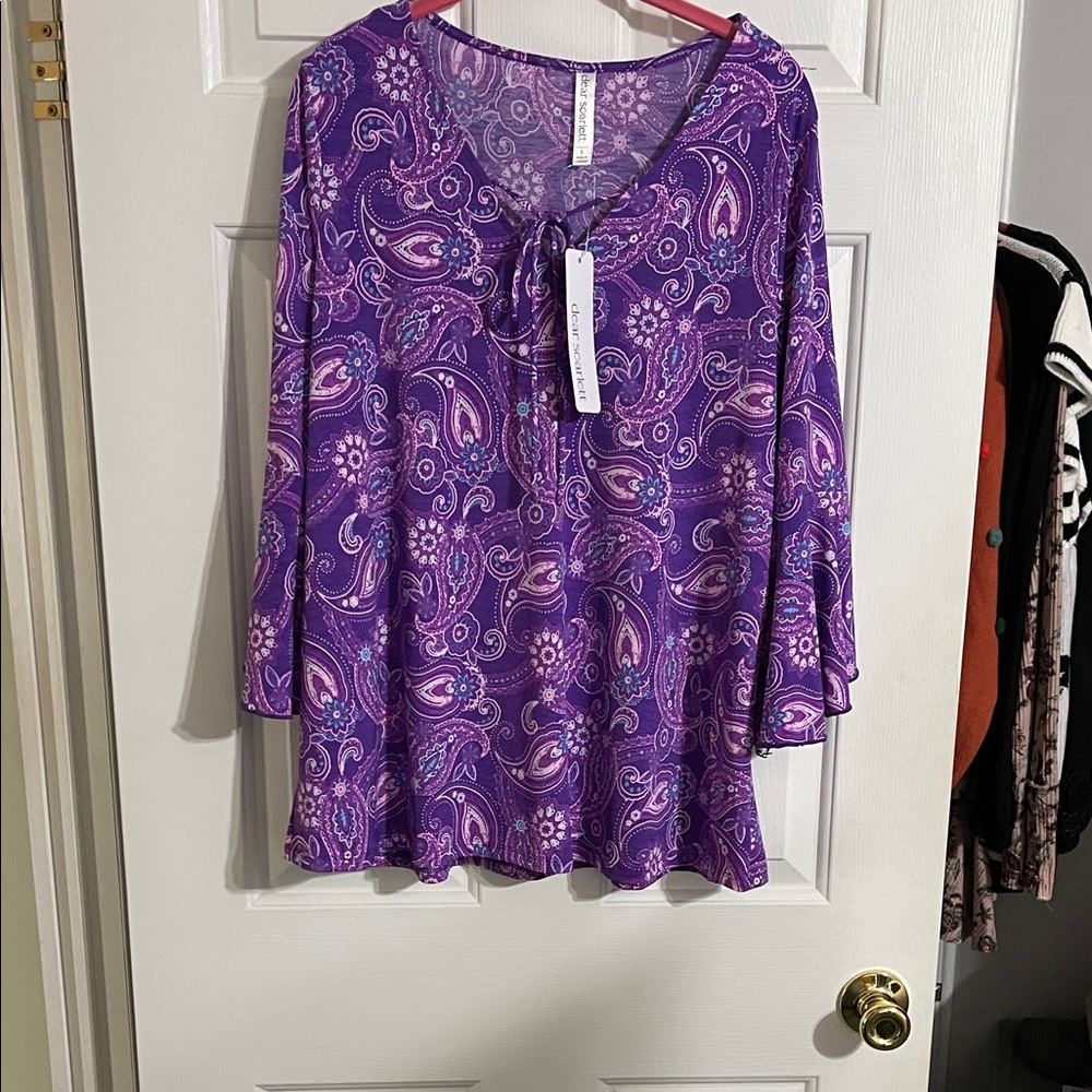 Tie-Neck Paisley Tunic Top - Purple